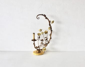 Italiaans verguld Tole porselein gele rozen blad wijnstok marmeren voet tafel accentlamp vintage midden van de eeuw