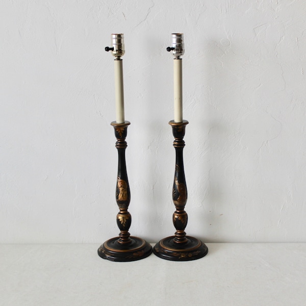 Chinoiserie Hand Painted Wood Black Gold Finish Vintage Buffet Lamp-a pair
