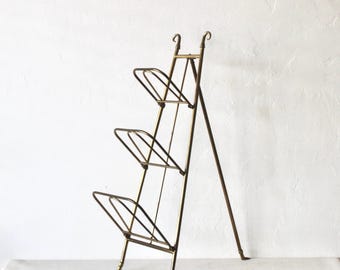 Italian Style Mid-century Brass 3-tier Folding Book Magazine Rack Stand Footed