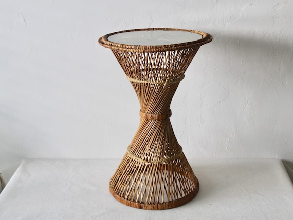 Vintage Tall Natural Wicker Bamboo Rattan Glass Pedestal Side Table Plant Stand Mid Century Etsy