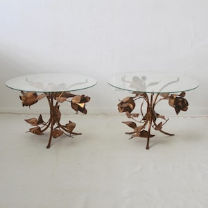 Hans Kögl Style Mid Century Italian Gilded Floral Bouquet Tole Side Tables Roses and Leaves Details-a pair