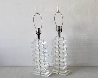 Karl Springer Style Stacked "Skyscraper" Lucite Table Lamps Glam Mid-Century Modern-a pair