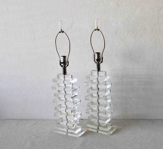 Karl Springer Style Stacked "Skyscraper" Lucite Table Lamps Glam Mid-Century Modern-a pair