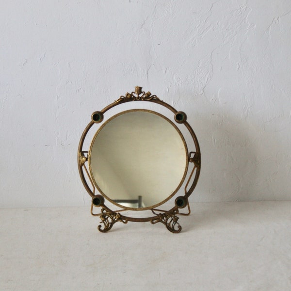 Vintage Art Nouveau Style Round Gold  Two Sided  Vanity Tabletop Mirror Flowers Detail