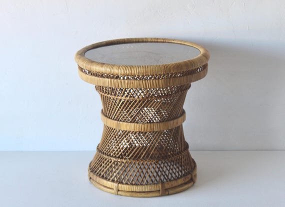 Ficks Reed Style Bohemian Round Handwoven Rattan Wicker Drum Side Drink Table