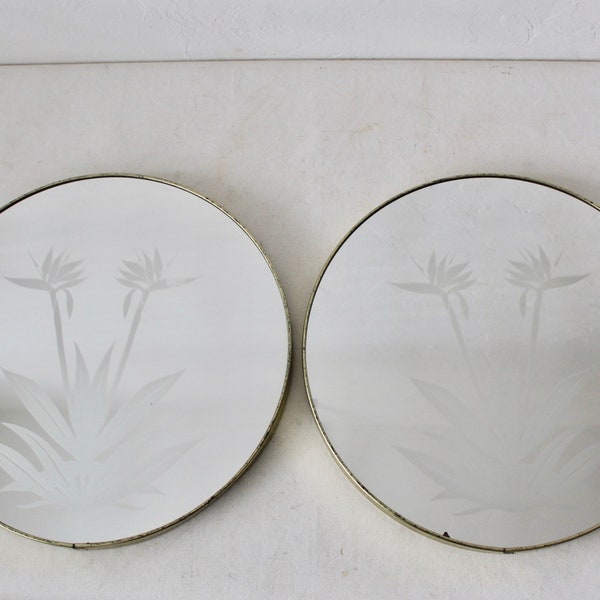 Gloria Erikson Style Brytone of NYC Round Wall Mirror with Etched Water Lilly Detail-a pair