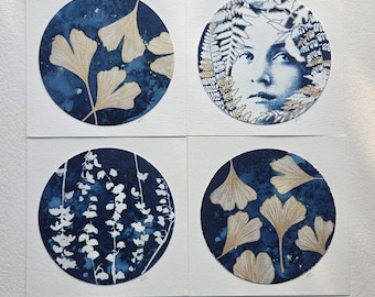 Cyanotype Print: 5-Inch Circular botanical prints