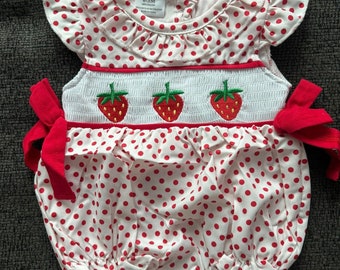 Strawberry Smocked Embroidery Bubble Dress Toddler Kids Clothing Outfit Set In Stock + FREE FAST SHIPPING!