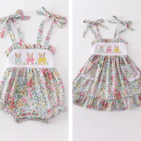 Easter Smocked Triple Bunny Embroidery Floral Sibling Kids Clothing Outfit Set In Stock + FREE FAST SHIPPING!