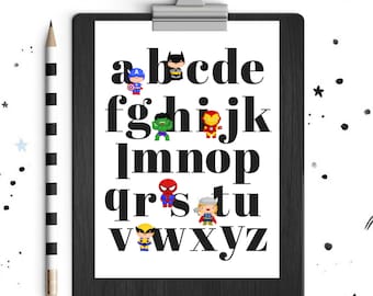 Alphabet Print, Superhero Alphabet Print, Alphabet Printable, Nursery Decor, Superhero Wall Art, Boys Room Decor, Alphabet, Instant Download