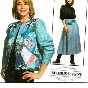 May include: A sewing pattern for a jacket and skirt. The jacket is made of patchwork fabric in shades of blue, pink, and white. The skirt is a solid blue denim with a patchwork waistband. The pattern is from Simplicity and is designed by Leslie Levison.