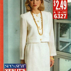May include: A white, cropped jacket and skirt set with a gold chain necklace and pearl buttons. The pattern is labeled "see & sew NOW $2.49 SIZE/TAILLE A (6-14) 6327"
