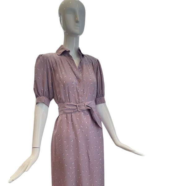 Silk mauve floral dress 80s does 1940s puff sleeve with belt