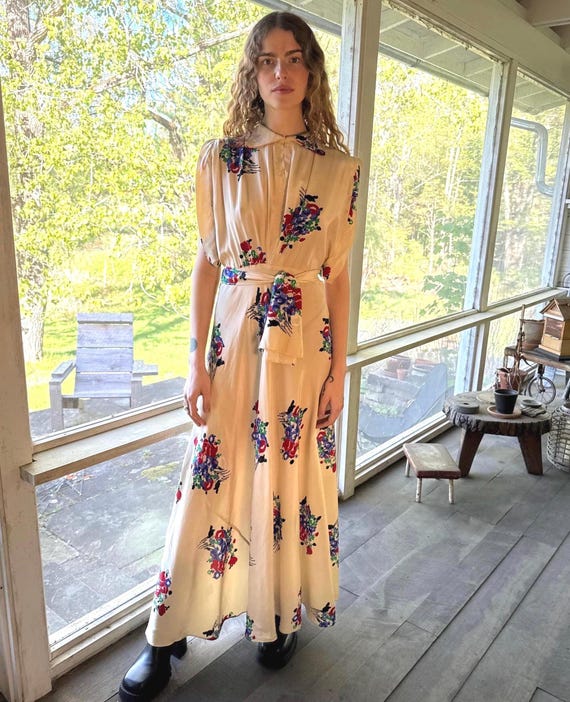 1930s Silk Bias Cut Floral Gown Dress 30s 40s Art Deco