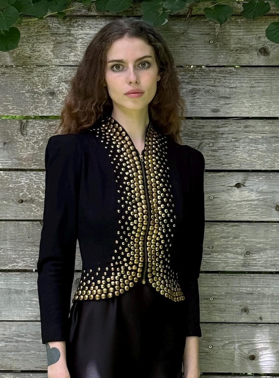 1940s heavy gold studded vintage puff sleeve zip … - image 7