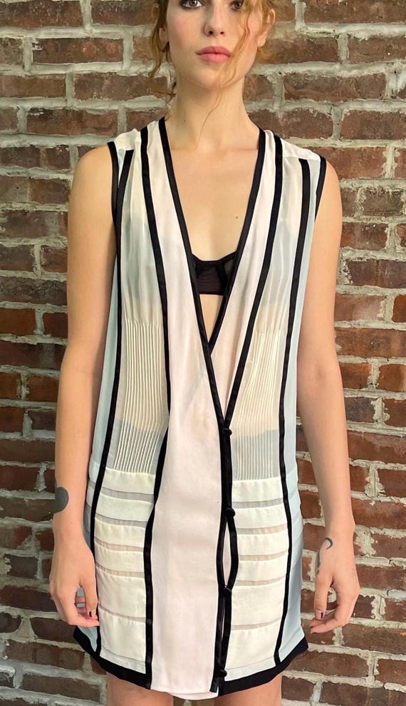 Y2k Silk Pleated Contrast Piping Phi Color Blocked Pastel Vest Dress