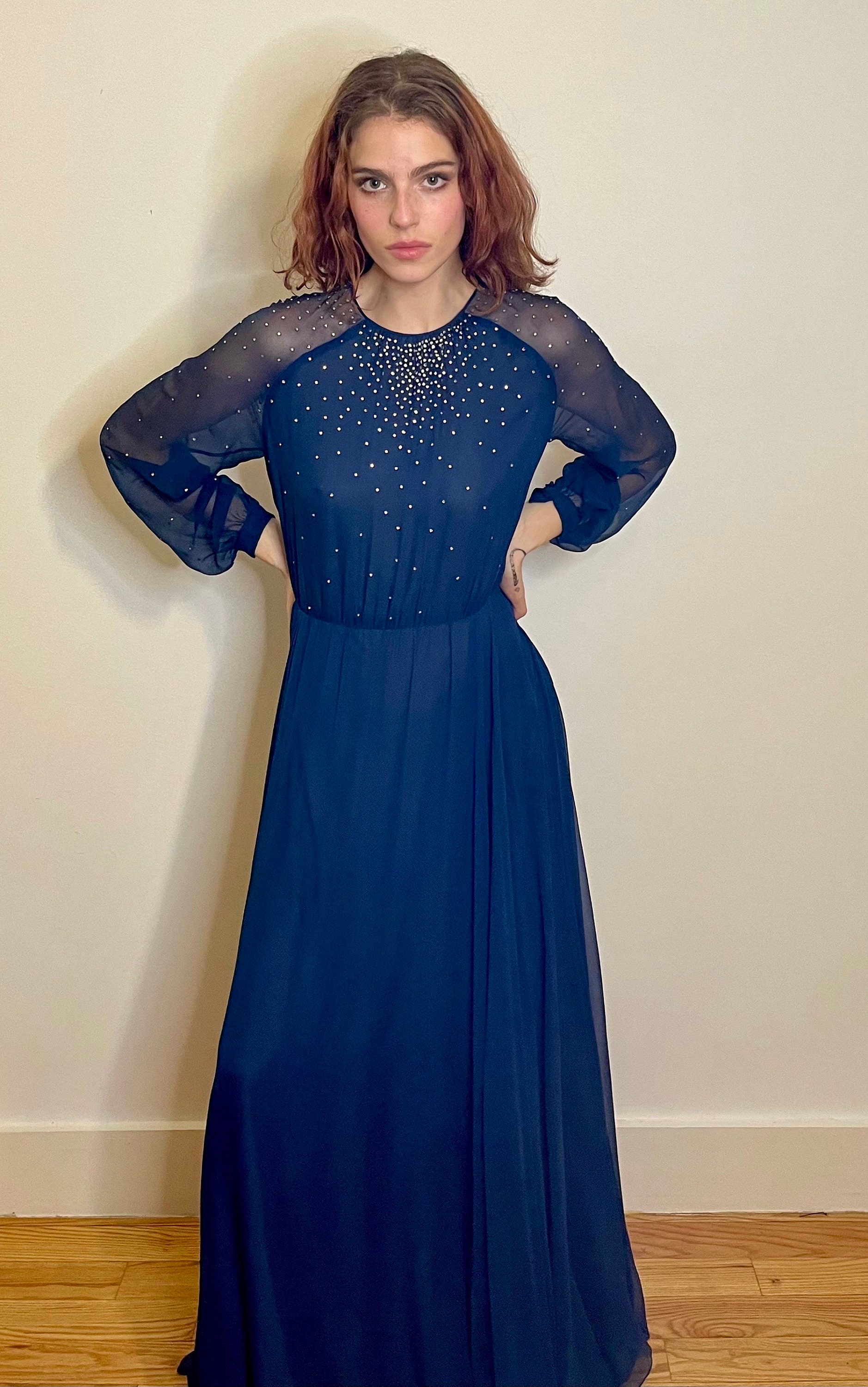 Oscar De La Renta Navy Silk Voluminous Rhinestone Embroidered Gown 70S Y2K