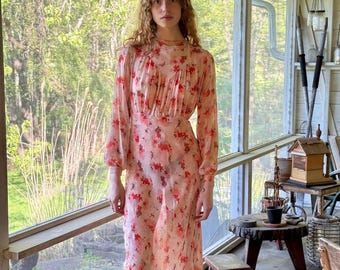1930s pink silk floral bias cut midi cocktail dress balloon sleeves