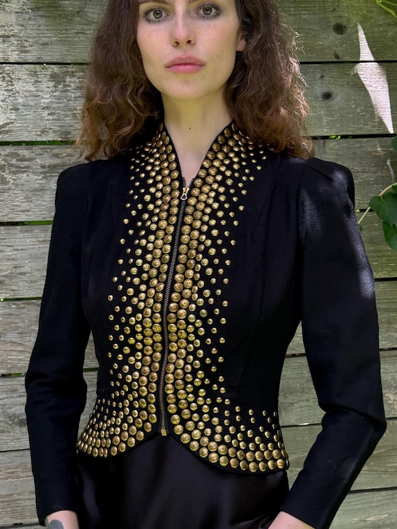 1940s heavy gold studded vintage puff sleeve zip … - image 2