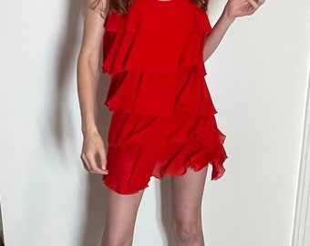 1990s red silk ruffle Ungaro mini dress with bow straps y2k Lolita