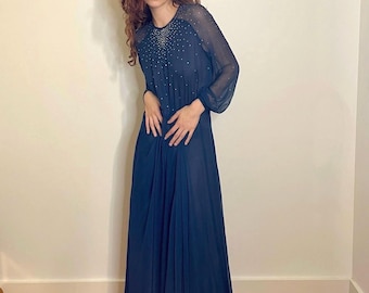 Oscar De La Renta navy silk voluminous rhinestone embroidered gown 70s y2k