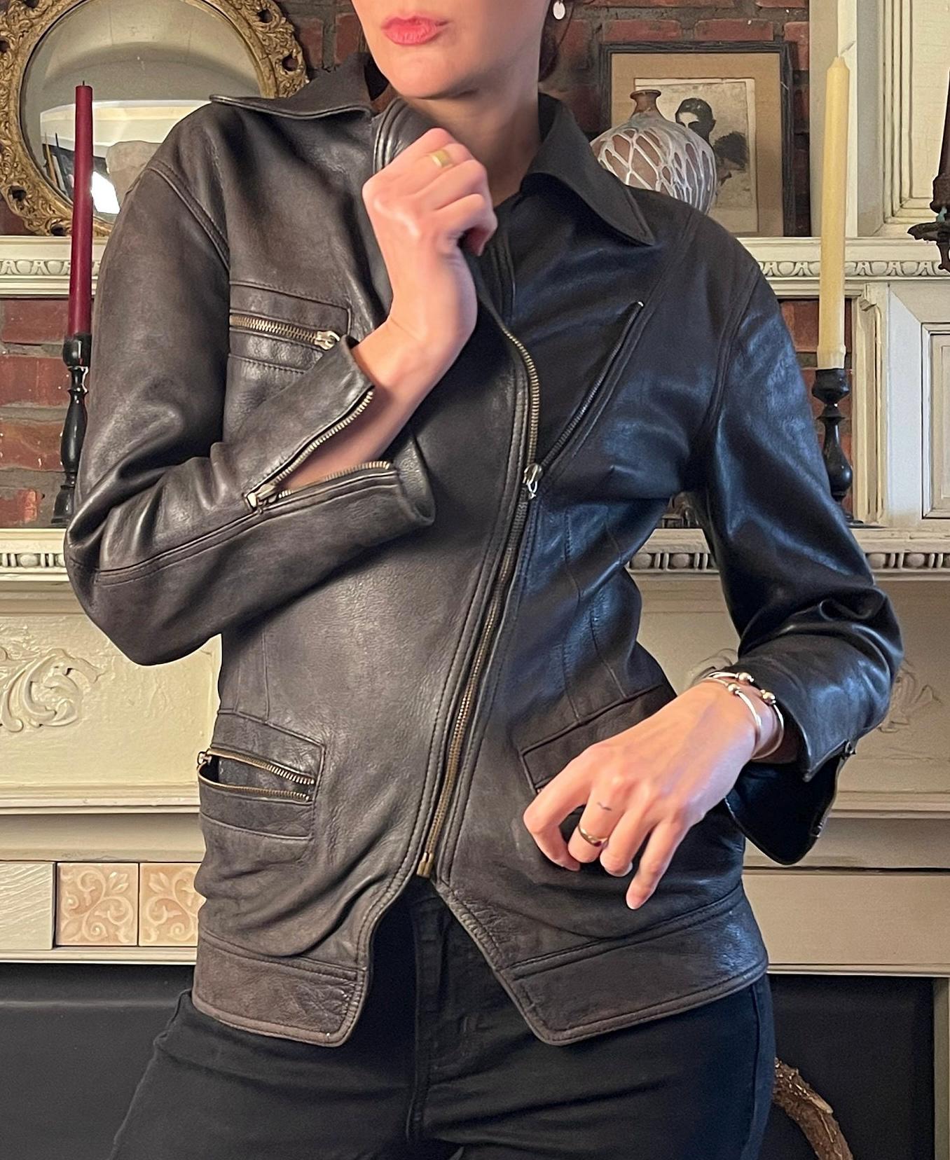 Donna Karan Collection Leather Jacket Motorcycle Zips Long