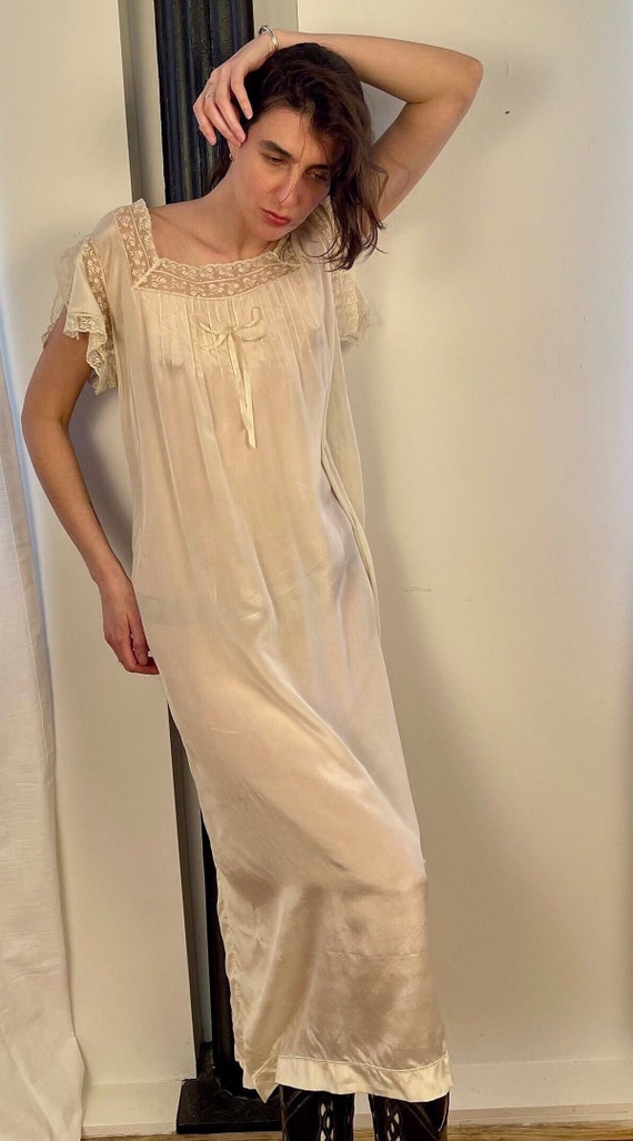 1920s silk lace bow flutter sleeve long dress nigh