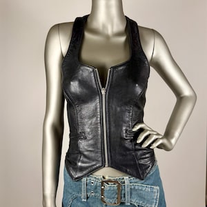Y2K vintage zacht leren haltervest bustier met rits sexy jaren 90