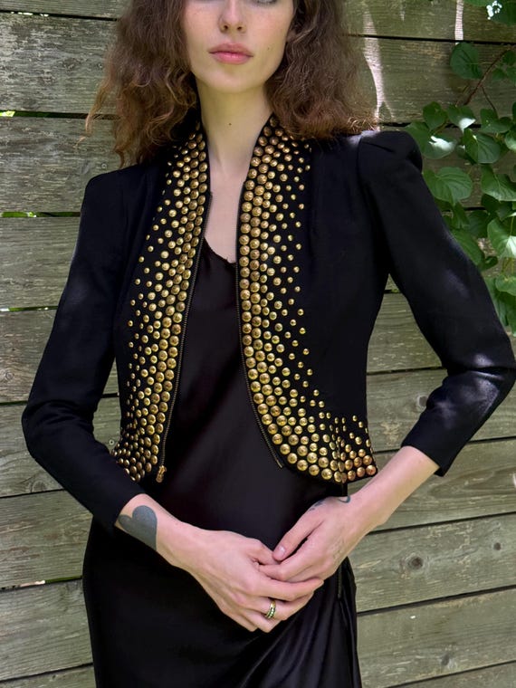 1940s heavy gold studded vintage puff sleeve zip … - image 4