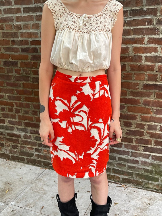 PRADA S s 2001 Red Floral Print Iconic Pencil Skirt Etsy UK
