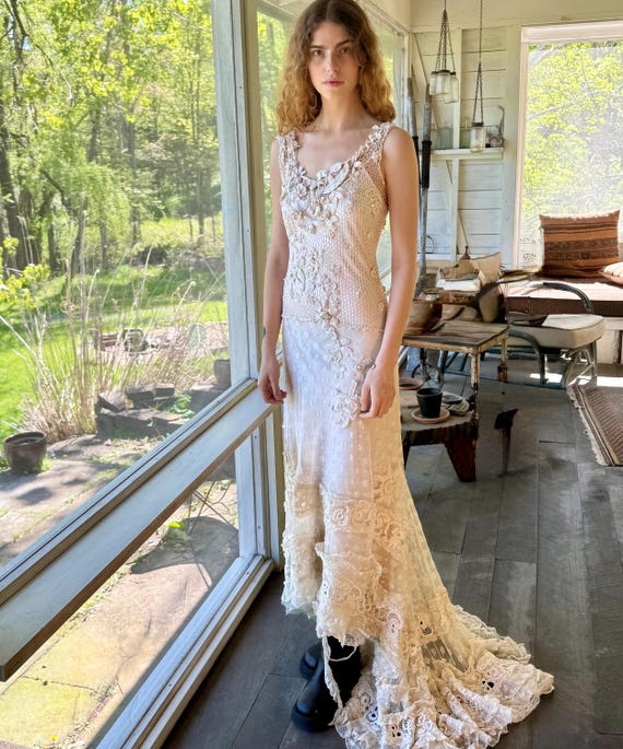 Edwardian Victorian Irish lace handmade dress wedding bridal silk bias slip y2k gown Edwardian Victorian Irish lace handmade dress wedding bridal silk bias slip y2k gown