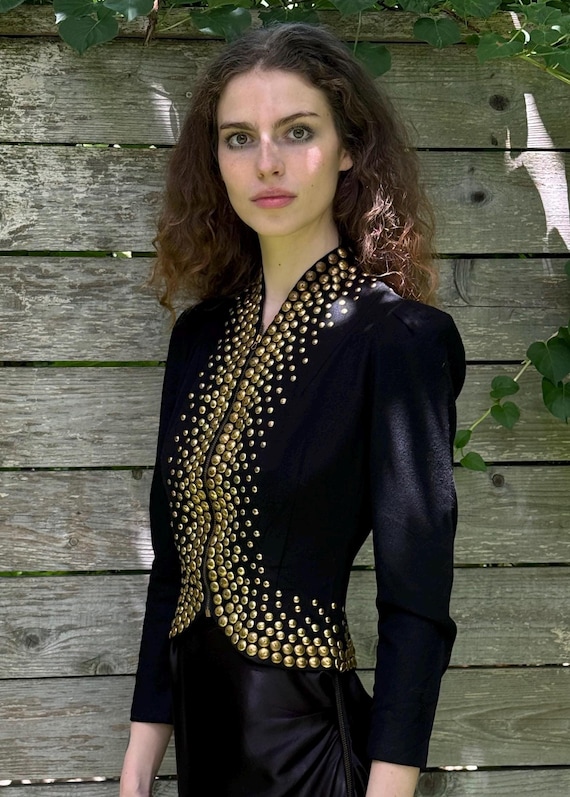 1940s heavy gold studded vintage puff sleeve zip … - image 1