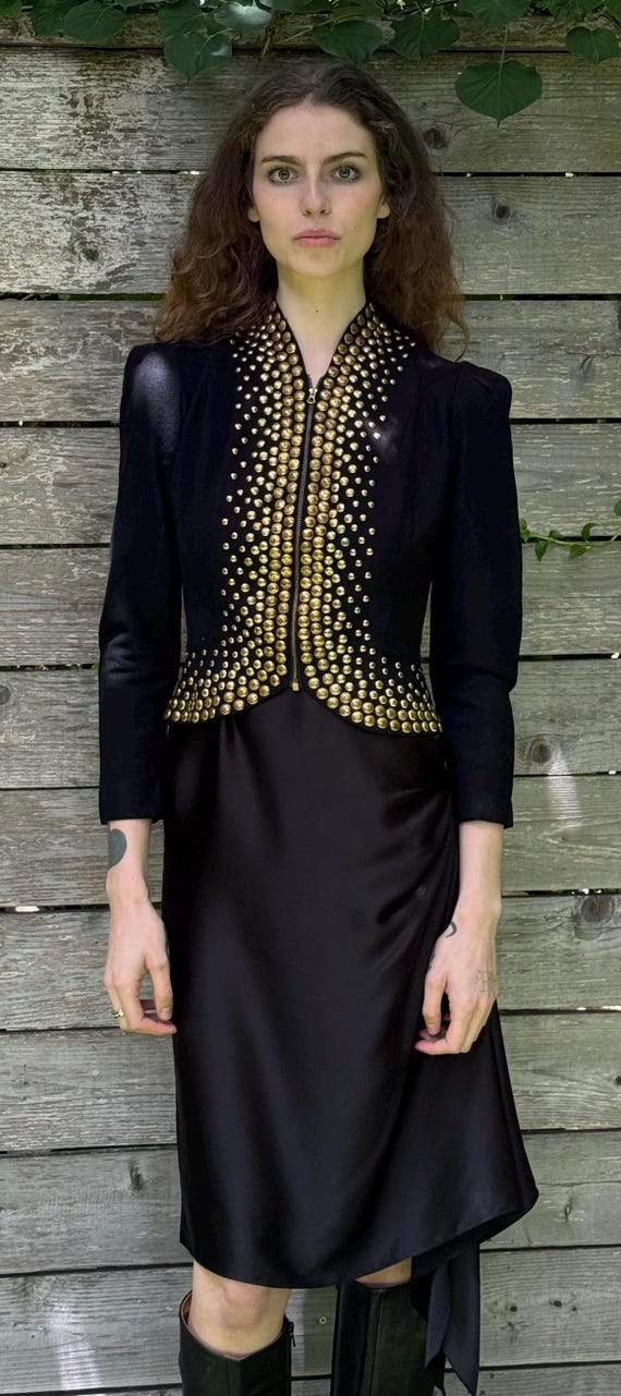 1940s heavy gold studded vintage puff sleeve zip … - image 3