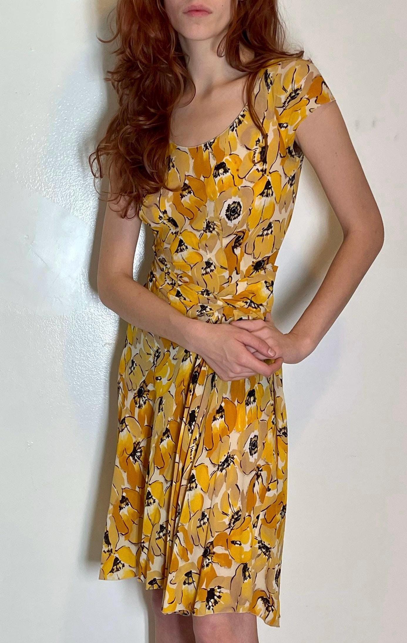 Prada Yellow Silk Floral Pansy Print Dress Y2k Runway