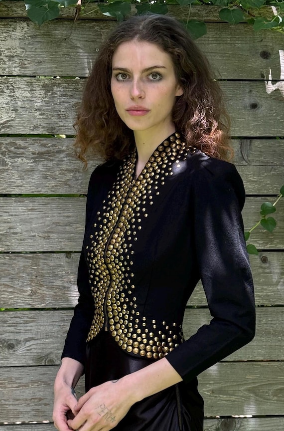 1940s heavy gold studded vintage puff sleeve zip … - image 6