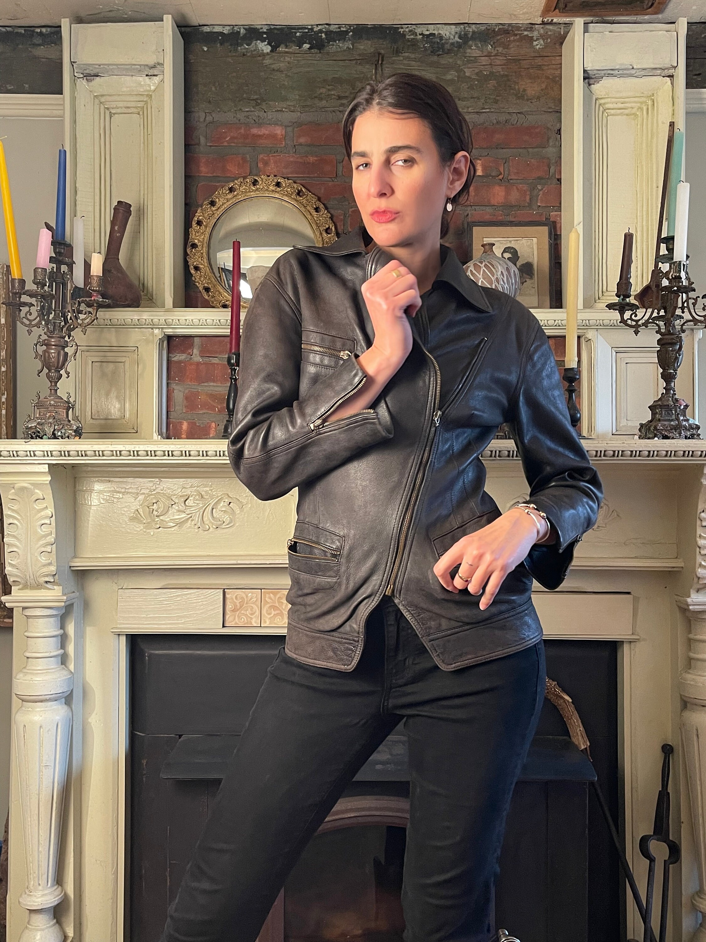 Donna Karan Collection Leather Jacket Motorcycle Zips Long Donna Karan Collection Leather Jacket Motorcycle Zips Long