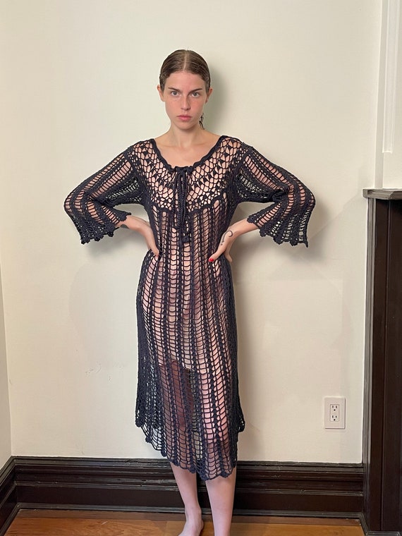 70s India Made Vintage Crochet Long Dres - 長袖・七分袖