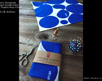Japanese Handcrafted Tenugui Handkerchief, Mizutama Blue, Polka Dots ⦿tnha0006