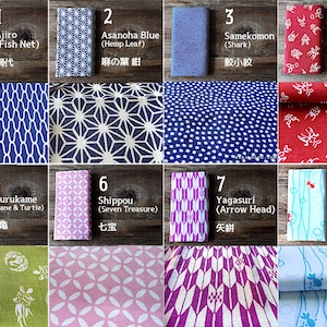 Puede incluir: Una colecci&oacute;n de ocho muestras de tela plegadas con varios patrones japoneses. Las muestras est&aacute;n numeradas y etiquetadas con texto en ingl&eacute;s y japon&eacute;s. Los patrones incluyen dise&ntilde;os de red de pesca, hoja de c&aacute;&ntilde;amo, tibur&oacute;n, maquillaje kabuki, grulla y tortuga, siete tesoros, punta de flecha y pez dorado.