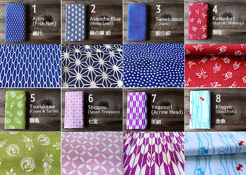 Puede incluir: Una colecci&oacute;n de ocho muestras de tela plegadas con varios patrones japoneses. Las muestras est&aacute;n numeradas y etiquetadas con texto en ingl&eacute;s y japon&eacute;s. Los patrones incluyen dise&ntilde;os de red de pesca, hoja de c&aacute;&ntilde;amo, tibur&oacute;n, maquillaje kabuki, grulla y tortuga, siete tesoros, punta de flecha y pez dorado.