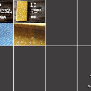 Puede incluir: Dos pa&ntilde;os tenugui japoneses. Uno es azul claro con un patr&oacute;n de esv&aacute;stica blanco, etiquetado como "Sayagata". El otro es amarillo con un patr&oacute;n de calabaza blanco, etiquetado como "Hyoutan". Hecho en Jap&oacute;n. Seleccionado por 朱い花 akaihana.