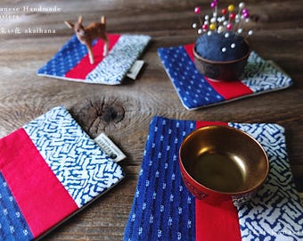 Upcycled Quilted Handmade Coasters, Blue x Red