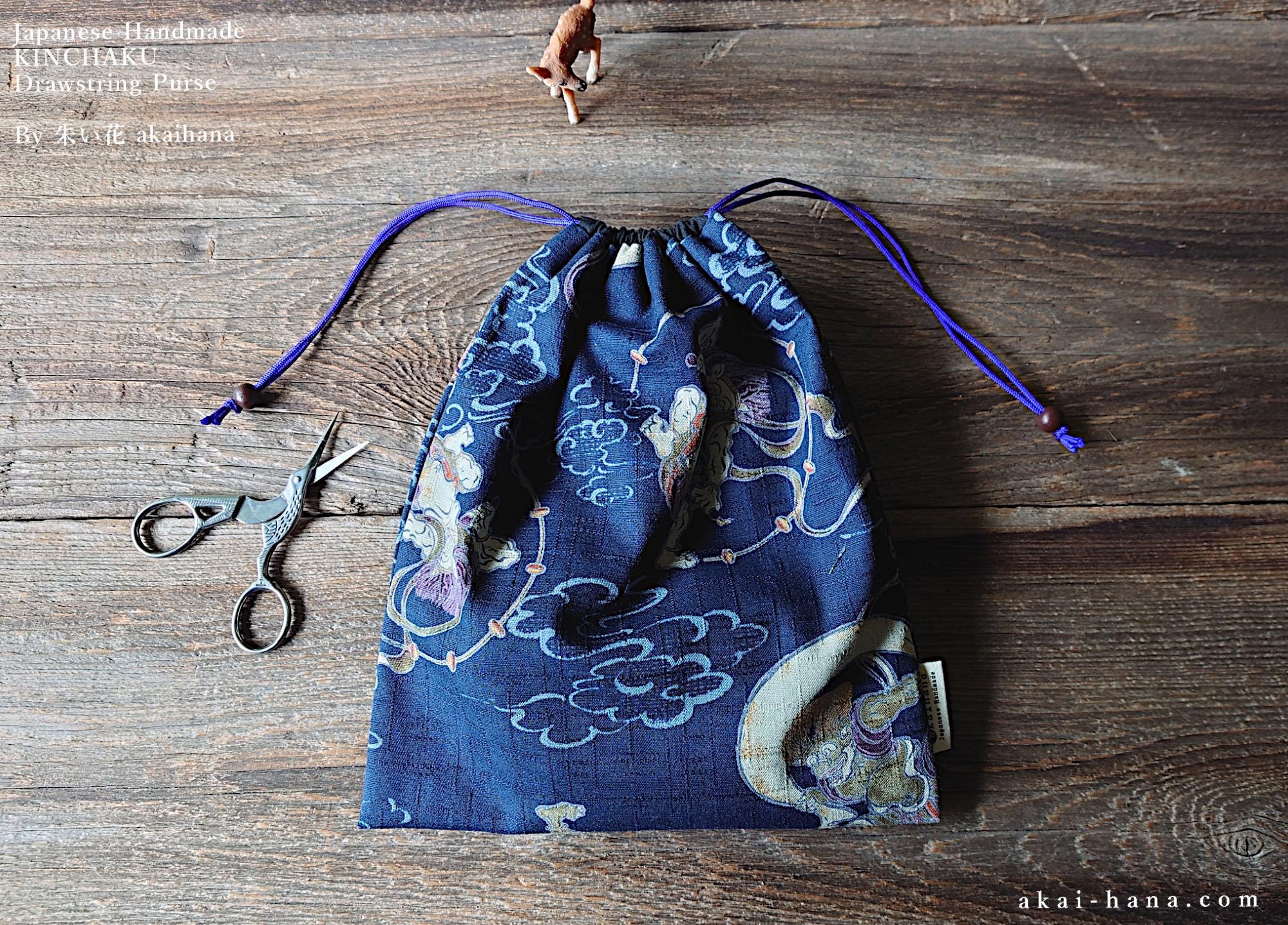 Japanese Wagara Kinchaku Drawstring Purse, Fūjin Raijin Design, Dark Blue Cotton