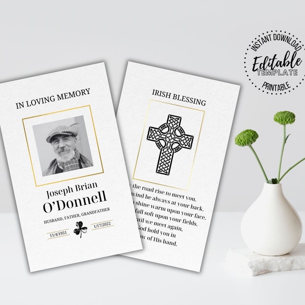 Plantilla de tarjeta de oración editable irlandesa, plantilla conmemorativa para el funeral, tarjeta de oración funeraria irlandesa de la cruz celta, programa funerario de tarjeta editable