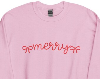 Merry | Cozy Holiday Christmas Pink Bow Sweatshirt