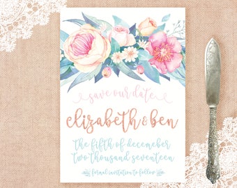 Bohemian Rose Gold and Floral Watercolor Save the Date