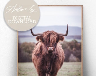Moody Highland Cow Wall Art, Scotland Highland Cow Print Download, Boho Animal Prints, Scotland Cow Art, Highland Cow Digital Print Horns