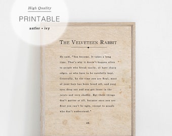 The Velveteen Rabbit, Literature Digital Printable, Book Page Quote Sign, Farmhouse Decor, Kids Room Nursery Decor, Inspirational Words