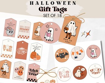 Retro Halloween Gift Tags - Pumpkin, Ghost, Bat Party Favors (Set of 18) (PDF Pattern)