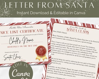 Customizable Letter from Santa and Nice List Certificate - Printable Christmas Gift - Editable Canva Template